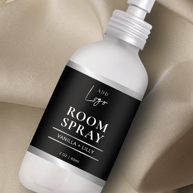 Schwarz-Silber-Logo Modern Room Spray Flasche Labe (elegant black and silver spray bottle wraparound label with custom text and your brand logo)