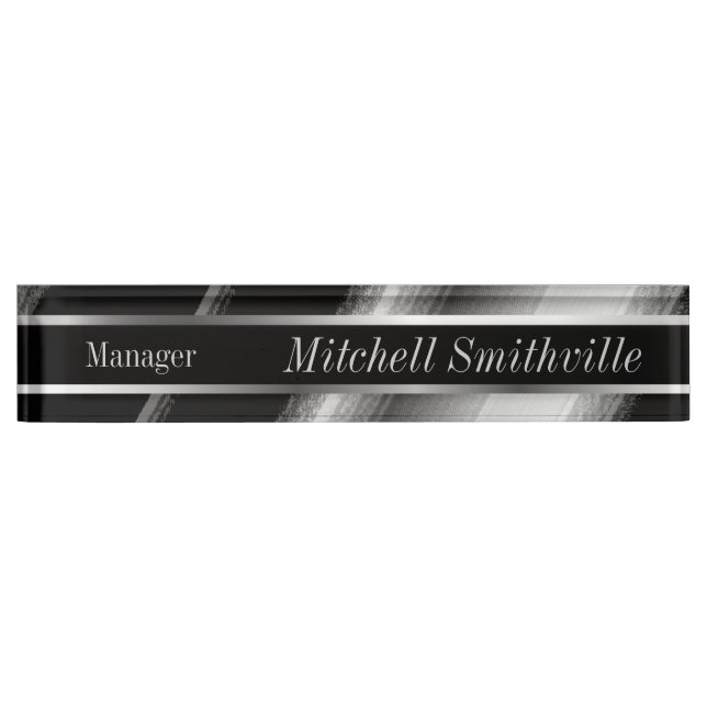 Schwarz-Silber-Metallische Diagonalstreifen Namensplakette (Vorderseite)