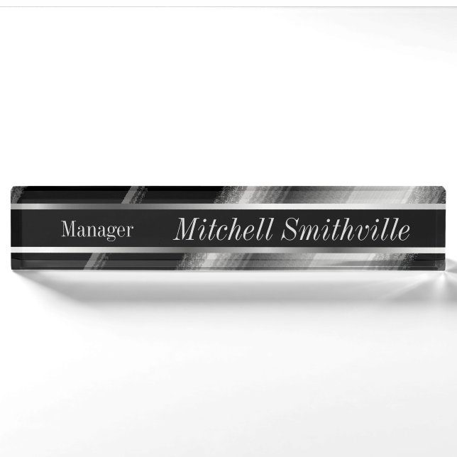 Schwarz-Silber-Metallische Diagonalstreifen Namensplakette (Vorderseite)