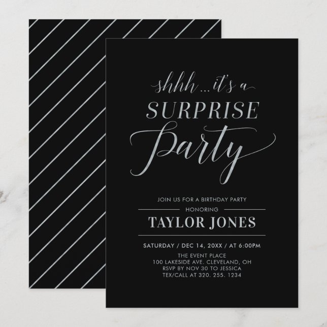 Schwarz & Silber | Modern Surprise Birthday Party Einladung (Vorne/Hinten)