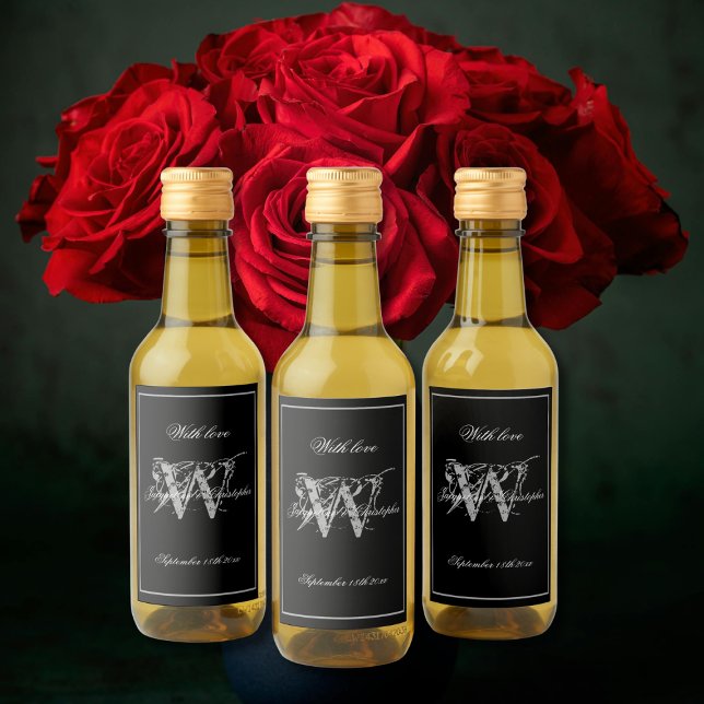 Schwarz & Silber Moderne Wedding Monogram Cool Min Weinetikett (Black and Silver Modern Wedding - Monogram and Names Cool Mini Wine Labels.)