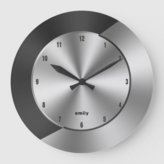 Schwarz & Silber Modernes geometrisches Design Große Wanduhr (Vorderseite)
