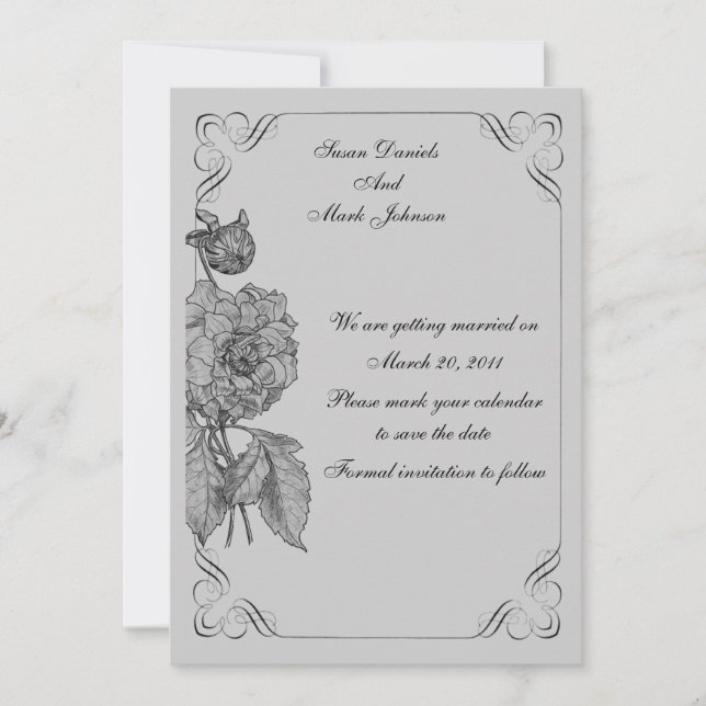Schwarz-Silber-Peony Floral Hochzeit speichern das Einladung (Vorderseite)