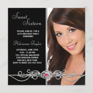 Schwarz Silber Rot Herz Foto Sweet Sixteen Geburts Einladung