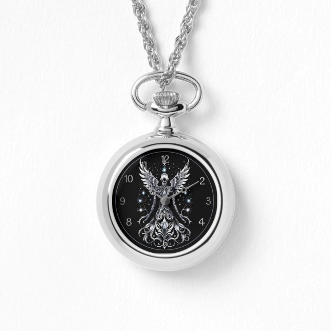Schwarz-Silber-Tattoo-Engel Armbanduhr (Vorderseite)