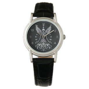 Schwarz-Silber-Tattoo-Engel Armbanduhr