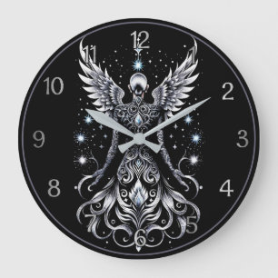 Schwarz-Silber-Tattoo-Engel Große Wanduhr