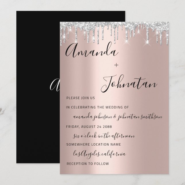 Schwarz-Silber-Tropfen der Hochzeitstil-Rose Einladung (Vorne/Hinten)