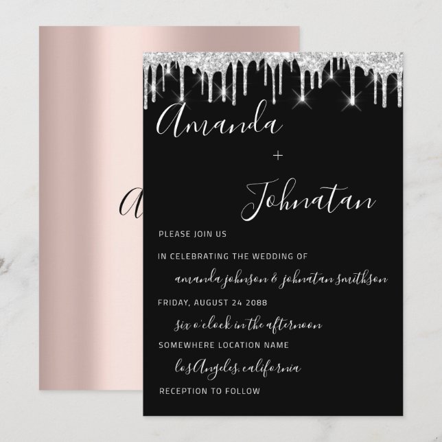 Schwarz-Silber-Tropfen der Hochzeitstil-Rose Einladung (Vorne/Hinten)