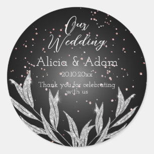Schwarz, Silber und Rose Gold Glitzer Hochzeit Runder Aufkleber