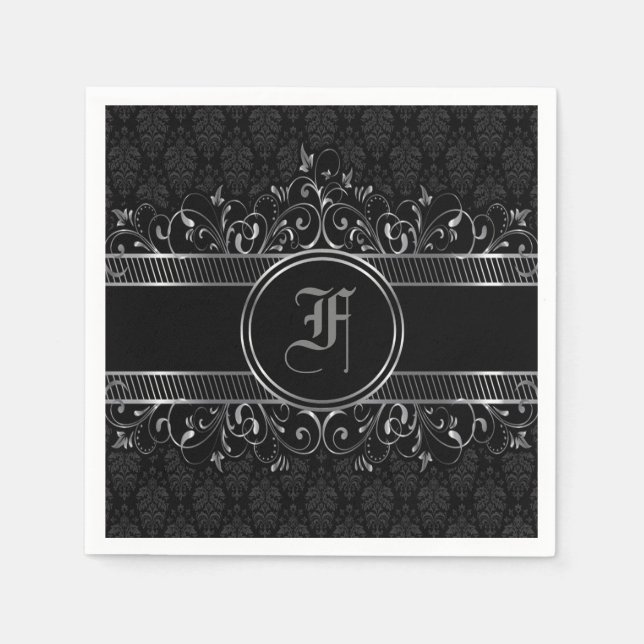 Schwarz & Silber Verziert Gotik Mit Monogramm Serviette (Vorderseite)