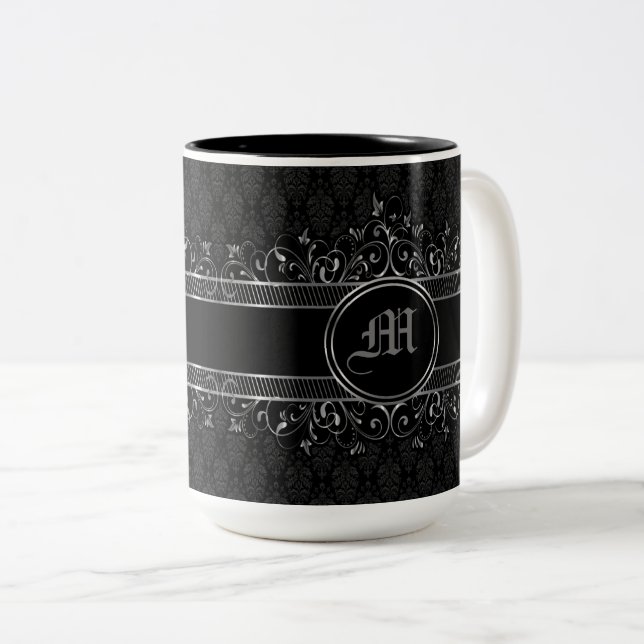 Schwarz & Silber Verziert Gotik Mit Monogramm Zweifarbige Tasse (VorderseiteRechts)