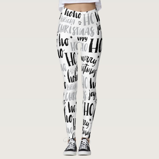Schwarz & Silber Weihnachtswortkunst Niedliche Äst Leggings (Vorderseite)