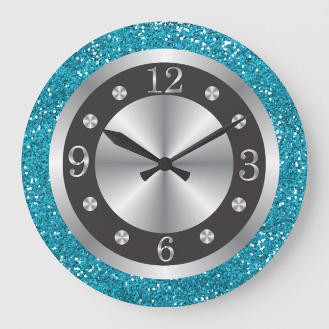 Schwarz-Silber-Zahlen Türkisblau-Glitzer Große Wanduhr (Vorderseite)