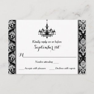 Schwarz, SilberDamast, Kronleuchter-Antwortkarte RSVP Karte