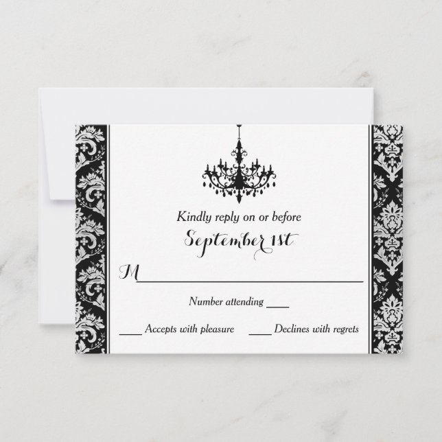 Schwarz, SilberDamast, Kronleuchter-Antwortkarte RSVP Karte (Vorderseite)