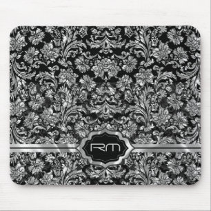 Schwarz-silberne Metall-Blumendamast mit Monogramm Mousepad