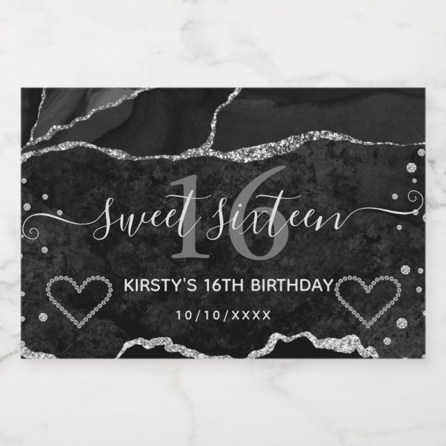 Schwarz-Silberner Glitzer Agate Marble Sweet 16 (Einzelnes Label)