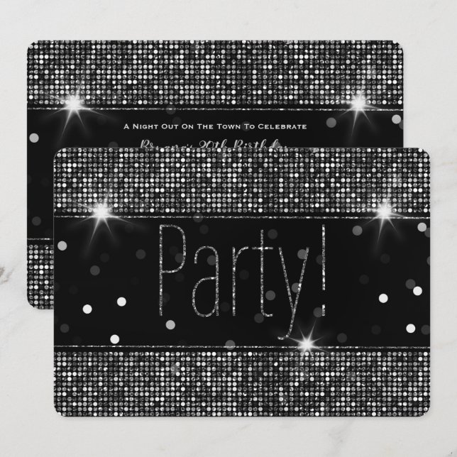 Schwarz & Silberner Glitzer Party Lights Einladung (Vorne/Hinten)