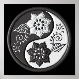 Schwarz-silbernes florales Yin Yang Poster