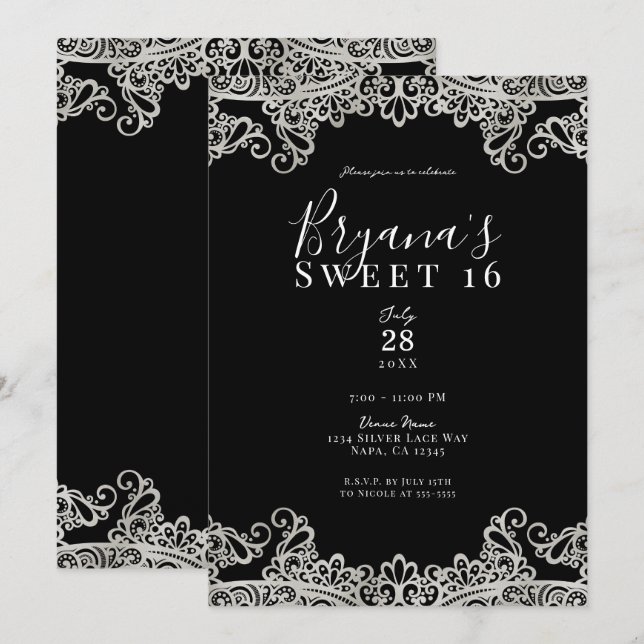 Schwarz & Silberspitze Elegant Sweet 16 Party Einladung (Vorne/Hinten)