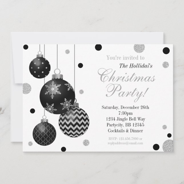 Schwarz-Silver-Bauble-Weihnachtszeit-Party Einladu Einladung (Vorderseite)