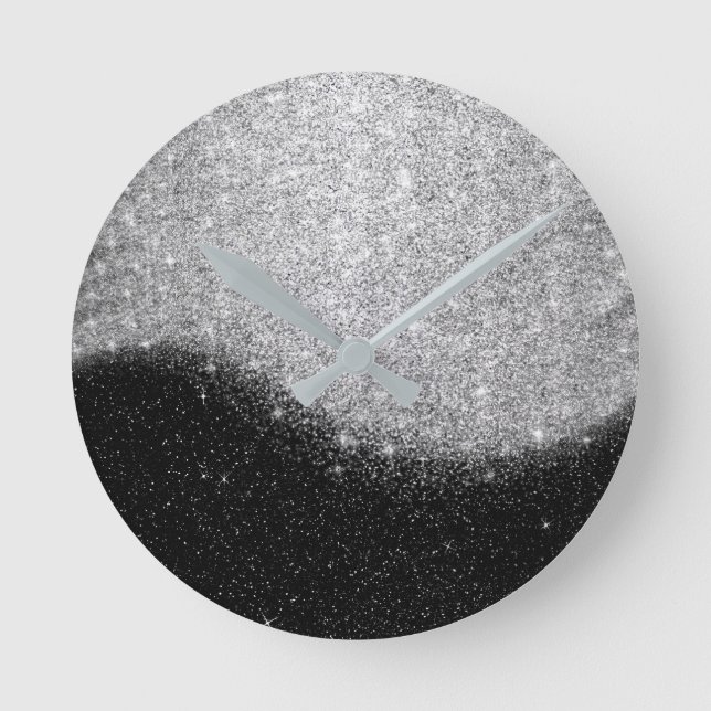 Schwarz Silver Gray Glitzer Minimal Ombre Elegant Runde Wanduhr (Vorderseite)