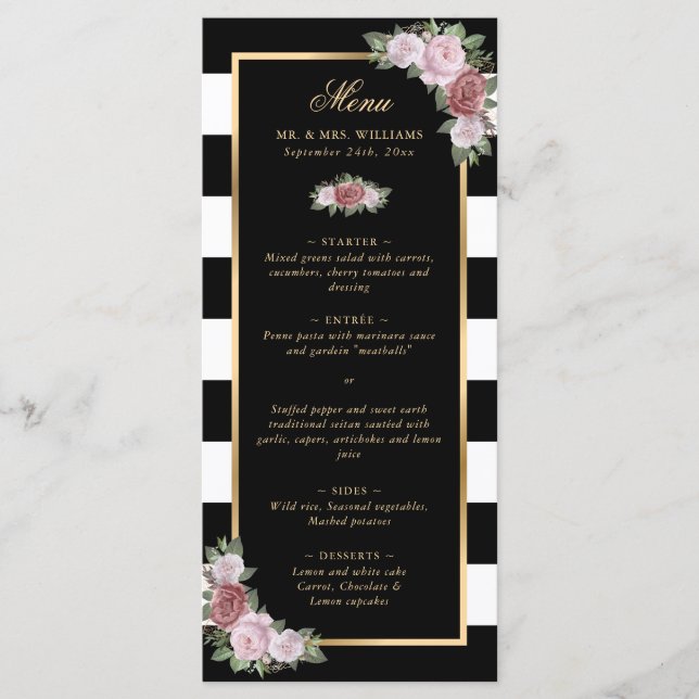 Schwarz Streifen Gold Blush Rosa Blumenmenü Menükarte (Vorderseite)