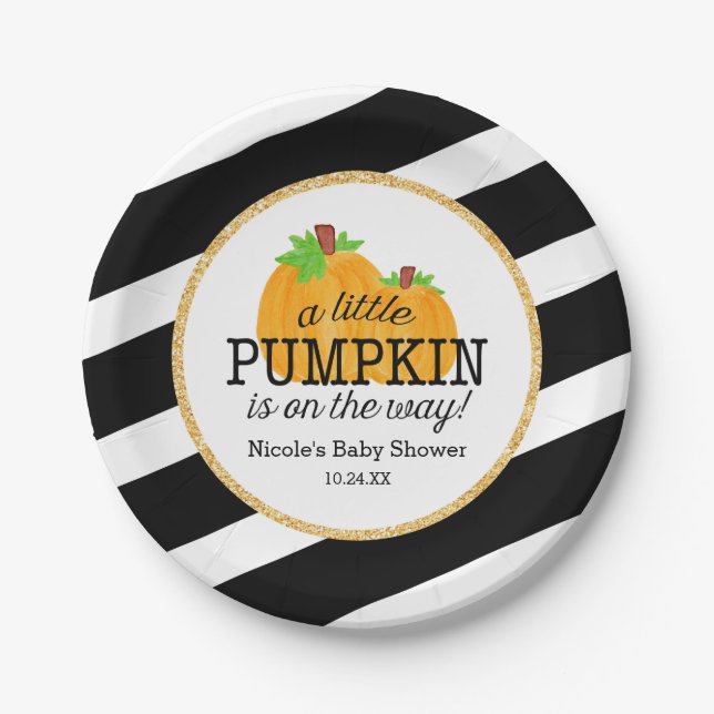 Schwarz-Streifen-Gold wenig Kürbis-Fall-Babyparty Pappteller (Vorderseite)