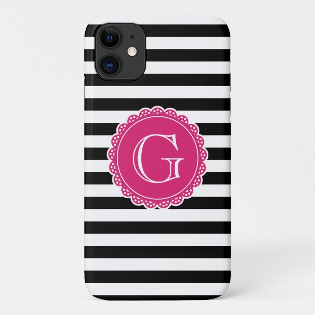 Schwarz Streifen Muster Hot Pink Monogramm Case-Mate iPhone Hülle (Rückseite)