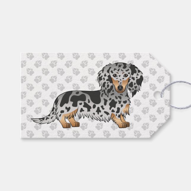 Schwarz-Tan-Dapfel-Dackel und Paws Geschenkanhänger (Vorderseite (Horizontal))