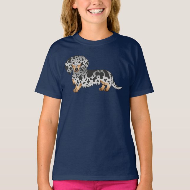 Schwarz-Tan-Daple Niedliche Dackel Langhaar Hund T-Shirt (Vorderseite)