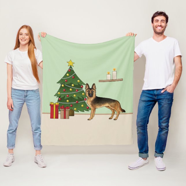 Schwarz-Tan-Deutscher Hirte und ein Weihnachtsbaum Fleecedecke (Beispiel)