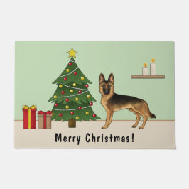 Schwarz-Tan-Deutscher Hirte und ein Weihnachtsbaum Fußmatte