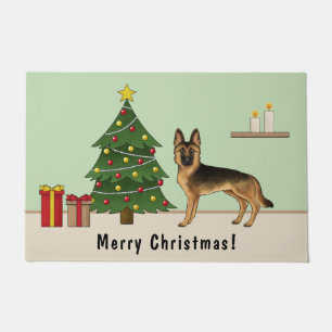 Schwarz-Tan-Deutscher Hirte und ein Weihnachtsbaum Fußmatte