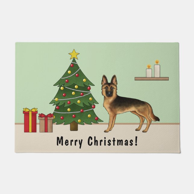 Schwarz-Tan-Deutscher Hirte und ein Weihnachtsbaum Fußmatte (Vorderseite)