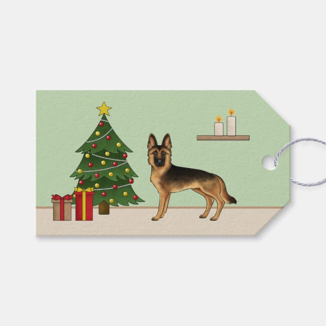 Schwarz-Tan-Deutscher Hirte und ein Weihnachtsbaum Geschenkanhänger (Vorderseite (Horizontal))
