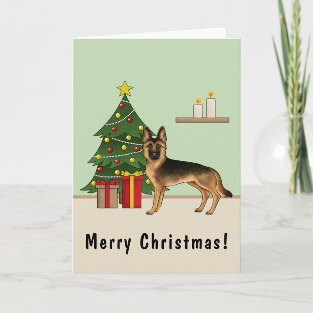 Schwarz-Tan-Deutscher Hirte und ein Weihnachtsbaum Karte (Vorderseite)