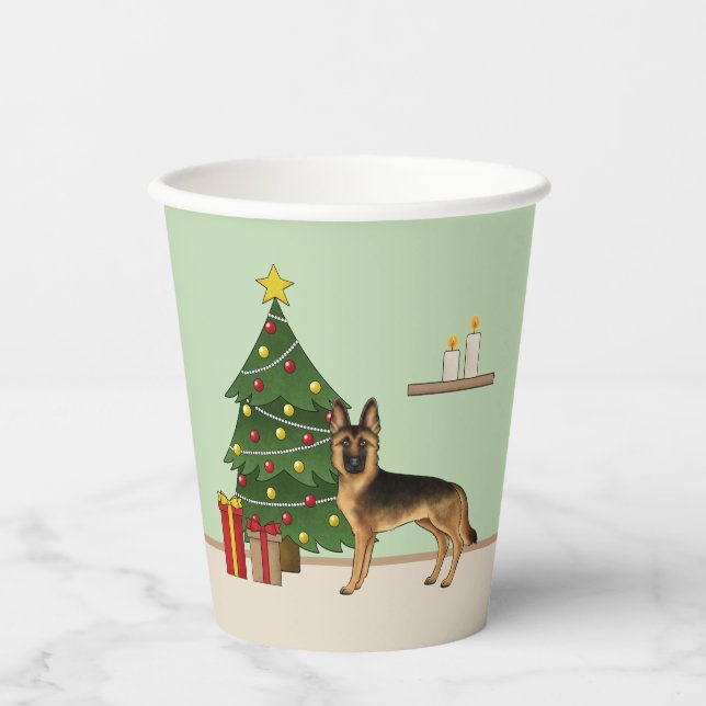 Schwarz-Tan-Deutscher Hirte und ein Weihnachtsbaum Pappbecher (Vorderseite)