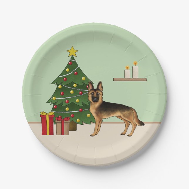 Schwarz-Tan-Deutscher Hirte und ein Weihnachtsbaum Pappteller (Vorderseite)