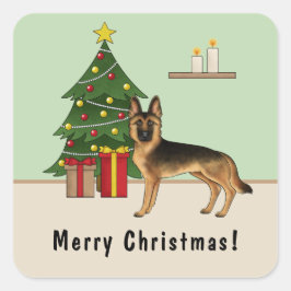 Schwarz-Tan-Deutscher Hirte und ein Weihnachtsbaum Quadratischer Aufkleber