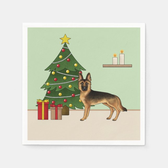 Schwarz-Tan-Deutscher Hirte und ein Weihnachtsbaum Serviette (Vorderseite)