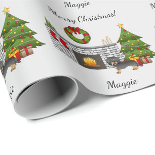 Schwarz & Tan Drahthaar-Dachshund - Weihnachtszimm Geschenkpapier