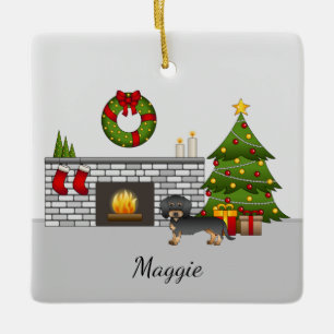 Schwarz & Tan Drahthaar-Dachshund - Weihnachtszimm Keramikornament