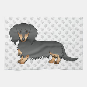 Schwarz & Tan Langhaar-Dachshund-Cartoon-Hund & Pf Geschirrtuch