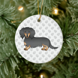 Schwarz & Tan Langhaar-Dachshund-Cartoon-Hund & Te Keramik Ornament