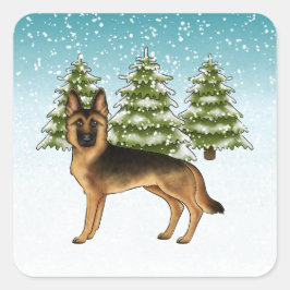 Schwarz-Tan-Schäfer Hund Winterwald Quadratischer Aufkleber