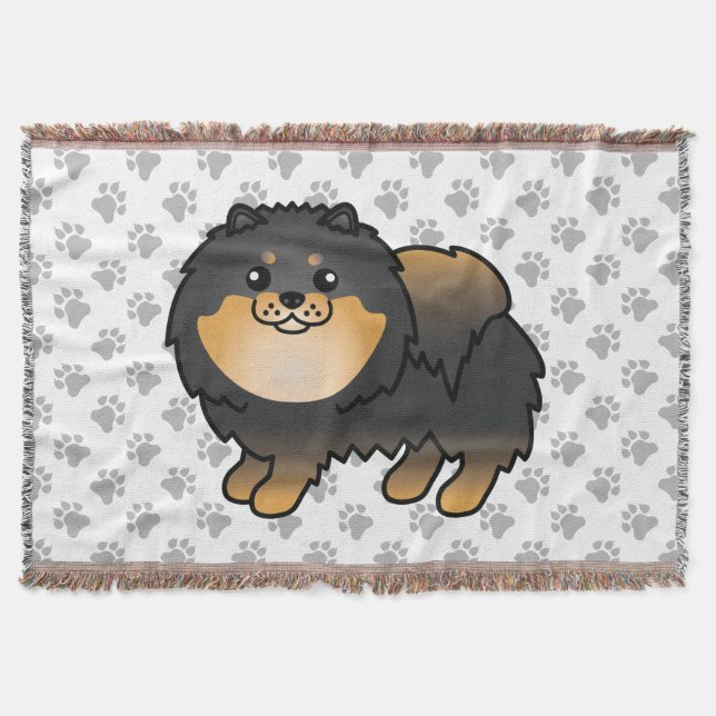 Schwarz-Tan-Spitz Niedlich Cartoon Dog & Paws Decke (Vorderseite)