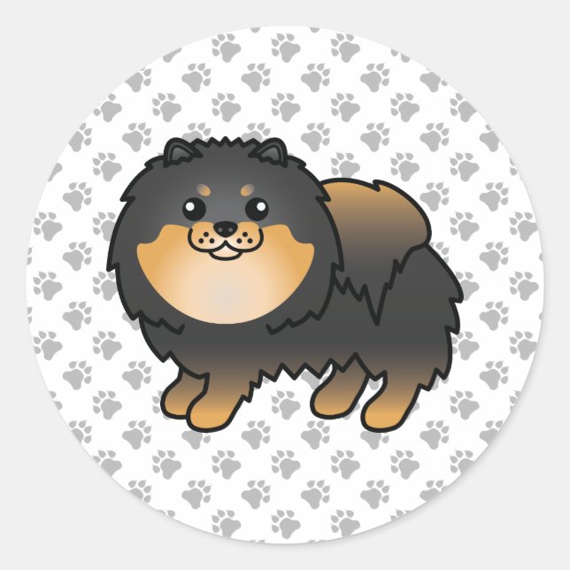 Schwarz-Tan-Spitz Niedlich Cartoon Dog & Paws Runder Aufkleber (Vorderseite)