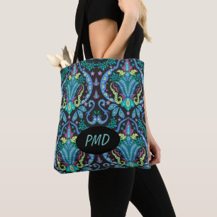 Schwarz Türkis Aquamarines Damask Floral Monogram Tasche